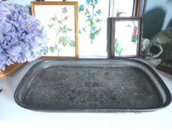 Large, richly decorated, silver-plated patina tray, 50 cm long, with legs, openwork rim