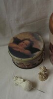 Angel, metal storage box with putto pattern, message holder, angel face sitting on a sphere