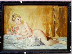 Reclining nude with a bouquet of roses, large-scale painting from 1961, tarapcsik signature