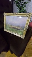 Antique painting shepherd with his flock in blonde frame