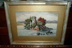 Antique needle tapestry landscape in frame - immaculate - 40 x 30