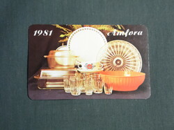 Kártyanaptár, Amfora Üvért vállalat, jénai tál, pohár,tál, csésze,1981,   (4)