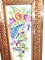 Hand-painted silk picture with rosewood and bone inlaid frame