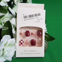 24 pcs square DIY artificial nails set with liquid glue - burgundy - pink - checkered