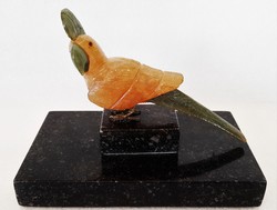 Old carved semi-precious stone (jade + ?) Parrot statue on a granite plinth