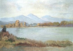 Danube landscape with mountains (1967) oil painting on canvas, marked Danube Bend - Csimcsa