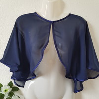 New, custom-made satin-trimmed dark blue muslin bridal cape, short cape