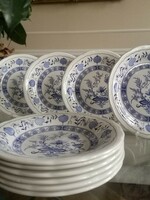Vintage blue-white 6-person plate set, onion pattern, hard porcelain, natural crackle