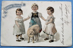 Antik Újévi üdvözlő litho képeslap - gyerekek malaccal  1906ból
