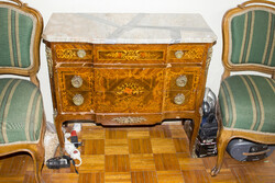 Copper-plated, inlaid, chest of drawers, with marble (damaged) top.