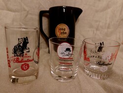 Black & white, haig, ballantines, long john labeled glasses and pitcher.