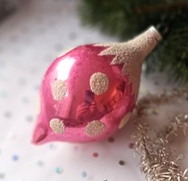 Retro üveg rózsaszín pöttyös karácsonyfa dísz 10cm