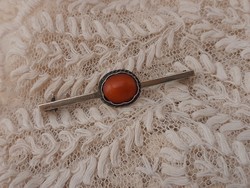 Coral stone silver plated brooch