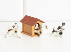 Last chance - vintage mini wooden dog house with 3 porcelain dogs - doll furniture, doll house miniature