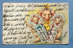 Antique humorous graphic greeting card - mother pig with twin piglets from 1900