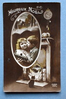 Antik Karácsonyi üdvözlő  fotó képeslap  - gyerekek, cica