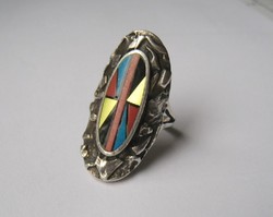 Designer silver ring, with coral, turquoise mosaic, Indian ring