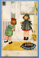 Art deco meissner&buch graphic artist postcard - children, little tiger on a leash