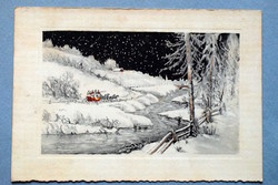 Antique New Year's winter colored engraving, not a postcard
