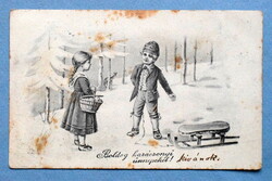 Antik Karácsonyi üdvözlő  grafikus képeslap  - gyerekek, téli táj, szánkó