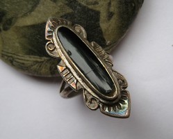 Antique silver ring, elongated goth ring with black stone