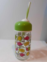 Limonádés szívószálas fedeles pohár gyümölcs mintás üveg RengA