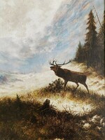 Vadász festmény - nyomat antik keretben - Pausinger: Szarvasbika