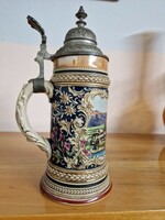 Gyönyörű német ónfedeles festett kerámia Salzburg söröskorsó 25 cm.