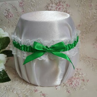 Snow white lace, green bow bridal garter, thigh lace
