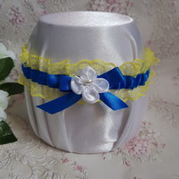 Bridal garter with yellow lace, royal blue bow and flower, thigh lace