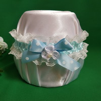 Snow white lace polka dot sky blue bow-flower bridal garter, thigh lace
