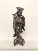 Antik nevető buddha buddhista fa szobor réz lemez berakással 489 8334