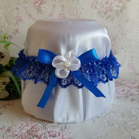 Royal blue lace, royal blue bow-flower bridal garter, thigh lace
