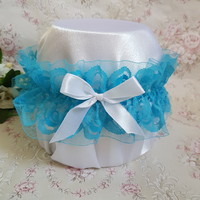 Bridal garter with turquoise lace, white bow, thigh lace