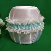 Snow white lace, light blue ribbon bridal garter, thigh lace