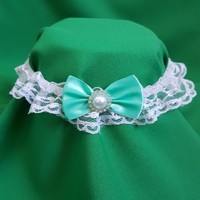 Snow white lace, mint green bow bridal garter, thigh lace