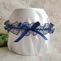 Dark blue lace, dark blue bow bridal garter, thigh lace