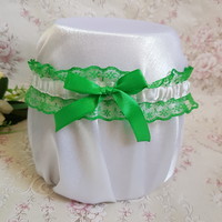 Green lace, green bow bridal garter, thigh lace