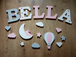Nyuszis-hőlégballonos dekorbetű szett, bababetű, név, felirat, dekoráció, babaszoba, gyerekszoba