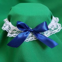Snow white lace, dark blue bow bridal garter, thigh lace