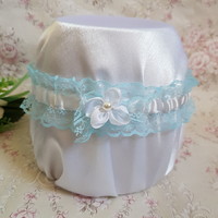 Light blue lace, floral bridal garter, thigh lace