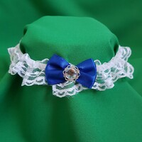Snow white lace, royal blue bow bridal garter, thigh lace