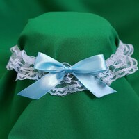 Snow white lace, sky blue bow bridal garter, thigh lace