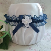 Dark blue lace, dark blue bow-flower bridal garter, thigh lace
