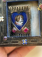 1800s fire enamel dog portrait noble silver brooch in a gold fire enamel gift box heart motif!!