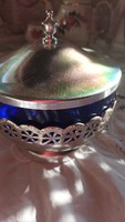 For sale, old metal silver-plated cobalt blue bonbonnier with glass insert.!