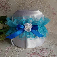 Turquoise lace, royal blue bow-flower bridal garter, thigh lace