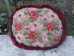 Charming old hand-embroidered tapestry throw pillow with poppy pattern, pre-war needlework pillow
