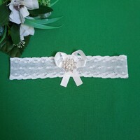 Off-white lace, bow, rhinestone bridal garter, thigh lace