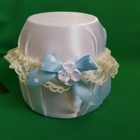 Ekrü lace polka dot sky blue bow-flower bridal garter, thigh lace